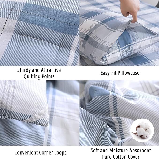 Vintage Cotton Comforter Queen Size 3Pcs - Classic Tartan Plaid Pattern with Denim Blue, Soft Gray and White, Lightweight Bedding Sets with Soft Fill(1 Comfoter 90"×90", 2 Pillowcases)