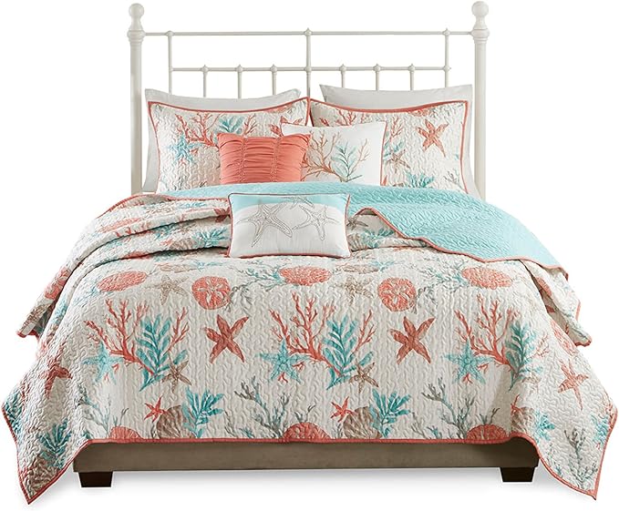 Madison Park Quilt Set Cottage Coastal Design, Starfish Print - All Season, Coverlet Bedspread Lightweight Bedding Layer, Shams, Toss Pillows, King/Cal King(104"x94"), Pebble Beach Coral 6 Piece