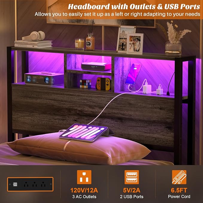 Aheaplus Headboard for Twin Size Bed with Storage, Headboards with Outlets | Twin Size Head Board Only, with USB Ports and LED Light, Height Adjustable, Reversible, Sturdy & Stable Headboard, Black Oak