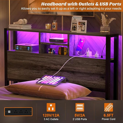 Aheaplus Headboard for Twin Size Bed with Storage, Headboards with Outlets | Twin Size Head Board Only, with USB Ports and LED Light, Height Adjustable, Reversible, Sturdy & Stable Headboard, Black Oak