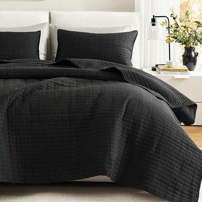 Comfort Spaces Kienna Quilt Set- Double Sided Stitching Design Summer Blanket, Lightweight, Soft, All Season Bedding Layer, Matching Sham, Black, Coverlet King (104"x90") 3 Piece