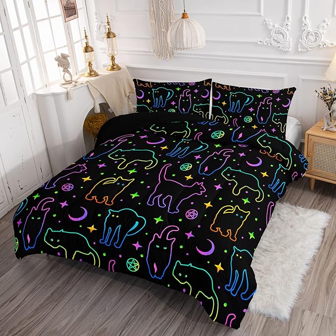 Black Cat Bedding Cartoon Cat Comforter Set Twin,Moon Stars Printed Kids Bedding Set for Boys Girls Adults Room Decor,Kids Comforter Set All Season,1 Quilt 2 Pillow Cases,Neon Color Blue Green