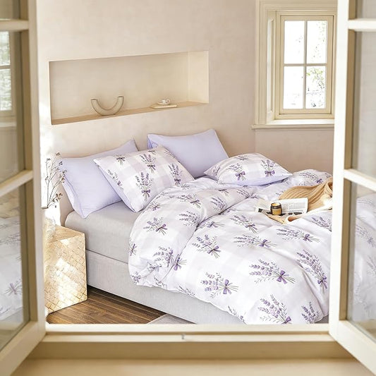 Lavender Comforter Set Full Size Purple Gingham Bedding 3Pcs Boho Plaid Checkered Pattern Quilted Comforter with 2 Pillowcases, 79"x90"