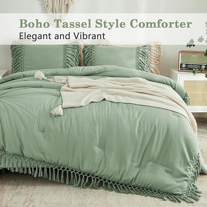 Andency Sage Green Comforter Set California King, 3 Pieces Boho Tassel Lightweight Soft Bedding Comforter Sets for King Bed, All Season Fluffy Fringe Bed Set (104x96In Comforter & 2 Pillowcases)