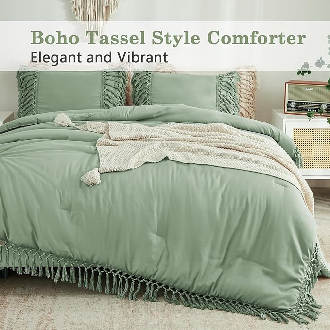 Andency Sage Green Comforter Set Queen Size, 3 Pieces Boho Tassel Lightweight Vintage Soft Bedding Comforter Sets, All Season Fluffy Fringe Bed Set (90x90In Comforter & 2 Pillowcases)