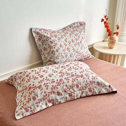 mixinni 100% Washed Cotton Duvet Cover Set, Reversible Vintage Floral Jacquard Textured Comforter Cover, Boho Farmhouse Bedding Set with Zipper Closure for All Season, Queen Size