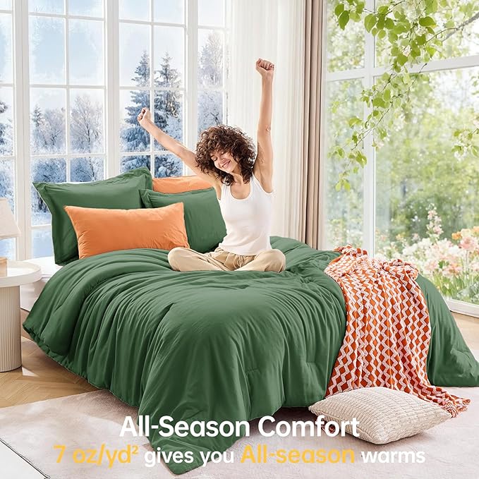 MUXHOMO Full Comforter Sets, All Season Ultra Soft Down Alternative Bedding - 3 Piece Lightweight Bed Set Includes 1 Comforter (82"x86") and 2 Pillow Shams (20"x26"), Dark Green