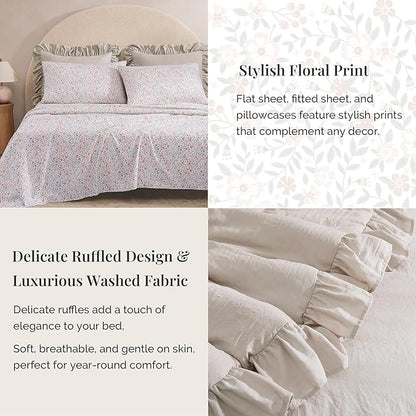 Twin XL Comforter Set - 5 Pieces Ruffle Birch Bedding Sets, Shabby Chic Farmhouse Bed in a Bag Twin XL with Ruffle Comforter, Floral Sheets, Pillowcases & Shams