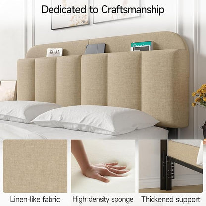 Queen Size Adjustable Headboard, Upholstered Headboard with Storage, APP Controlled LED Light, Padded Head Board Only, Sturdy Metal Foot Frame, Vertical Channel Design for Bedroom, Beige
