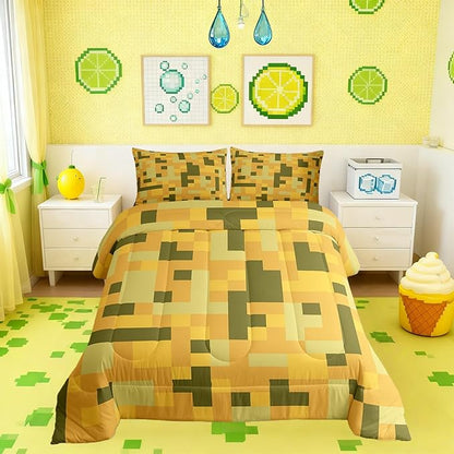 Pixelated Blocks MinersComforter Set King Size,Video Games Cartoon Gamepad Kids Bedding Set,Army Camouflage Game Quilt Comforter,Yellow Green Duvet Insert,2 Pillowcases