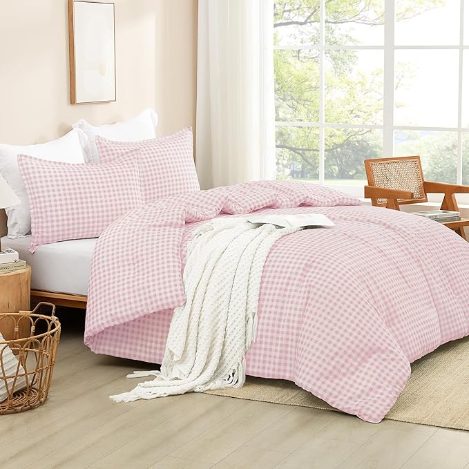 Andency Pink Gingham Comforter Set Queen(90x90Inch), Blush Checkered Grid Plaid Buffalo Bed Set for Girls Boys Kids Teens, 3 Pieces Lightweight Polyester Geometric Preppy Bedding