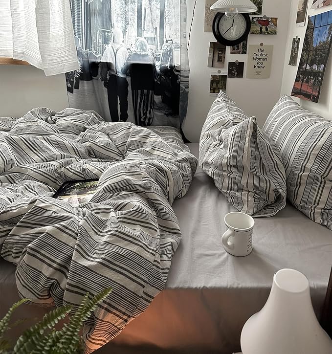 VM VOUGEMARKET Pinstripes Comforter Set Queen Washed Cotton Vertical Striped Neutral Bedding Set 1 Comforter and 2 Pillowcase (Grey White)