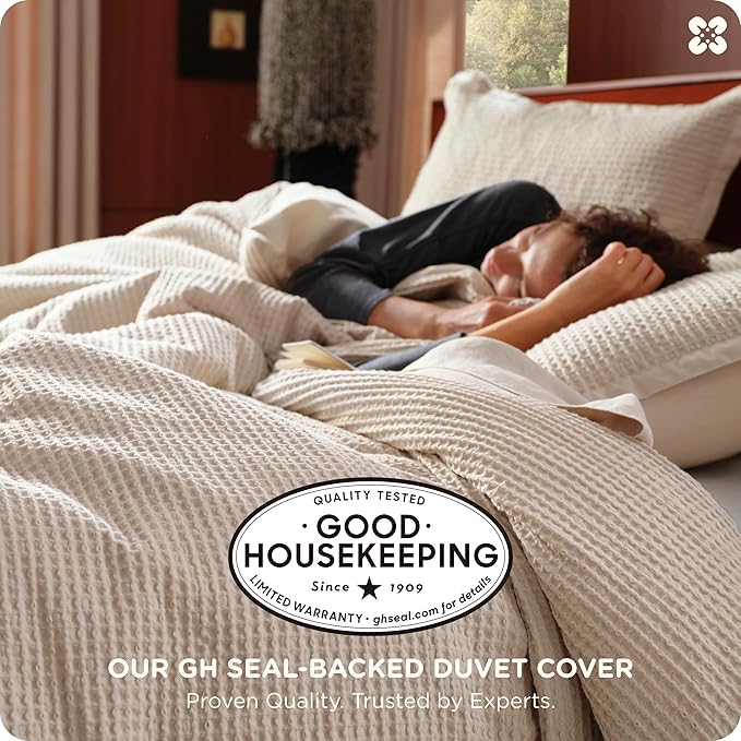 Bedsure Cotton Duvet Cover Set - 100% Cotton Waffle Weave Beige Duvet Cover Oversized King Size, GentleSoft™ and Breathable Bedding Set for All Season, 3 Pieces, 120"x98"