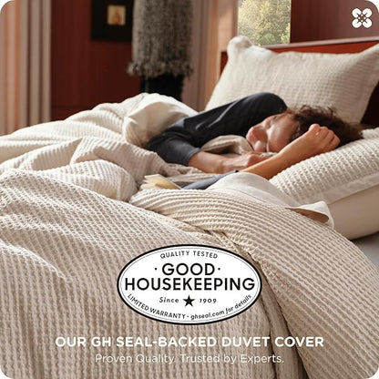 Bedsure Cotton Duvet Cover Set - 100% Cotton Waffle Weave Beige Duvet Cover Oversized King Size, GentleSoft™ and Breathable Bedding Set for All Season, 3 Pieces, 120"x98"