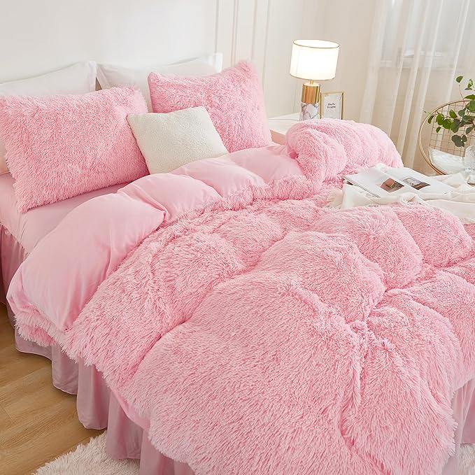 Andency Faux Fur Pink Comforter Set King Size, 3 Pieces Fluffy Fuzzy Plush Bedding Comforter Set (1 Shaggy Velvet Comforter & 2 Pillowcases), Soft Puffy Comfy Down Alternative Comforter Bedding Set