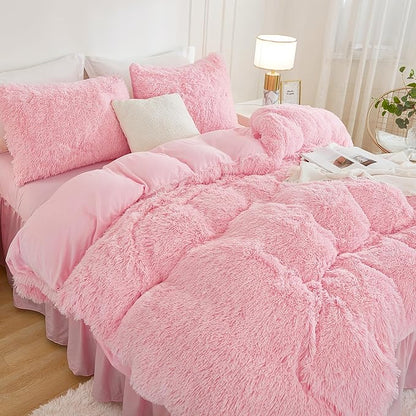 Andency Faux Fur Pink Comforter Set Queen Size, 3 Pieces Fluffy Fuzzy Plush Bedding Comforter Set (1 Shaggy Velvet Comforter & 2 Pillowcases), Soft Puffy Comfy Down Alternative Comforter Bedding Set