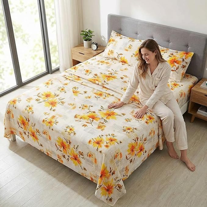 JSD Fall Floral Sheet Set Cal King, 4 Piece Yellow Printed Microfiber Bedding Sheets Extra Deep Pocket