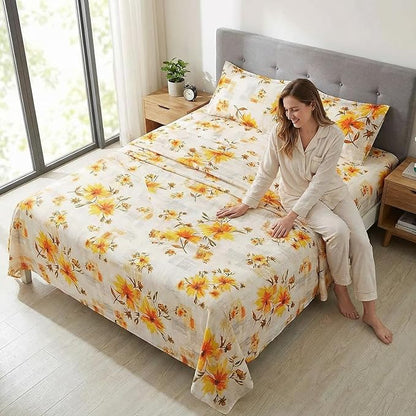 JSD Fall Floral Sheet Set Twin Size, 3 Piece Yellow Printed Microfiber Bedding Sheets Extra Deep Pocket
