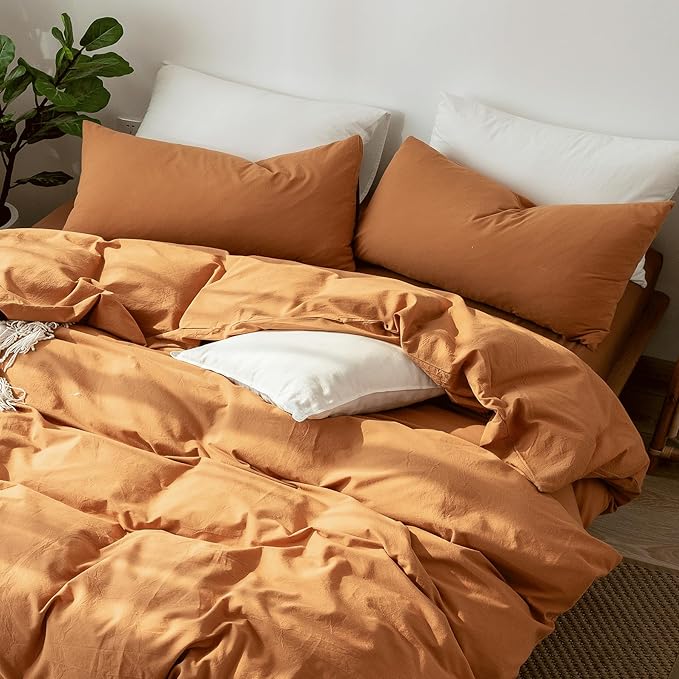 MooMee Bedding Pillowcases Pack of 2 100% Washed Cotton Linen Like Textured Breathable Durable Soft Comfy (Solid Burnt Orange, King)