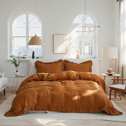 Simple&Opulence 100% Linen Duvet Cover Set, 3 PCS Natural French Flax Rust Ruffle Duvet Cover King Size, Breathable Comfy Linen Bedding Comforter Cover with 2 Pillowcases (Rust, 104" X 92")