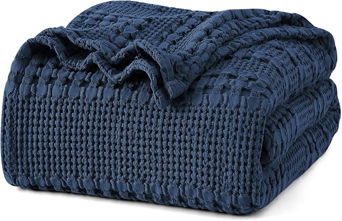 PHF 100% Cotton Waffle Weave Blanket Twin Size for Bed, Soft Lightweight & Breathable for Spring and Summer, All-Season Comfort, Luxury Aesthetic Blanket for Home Decor, 66"x90", Blue Sapphire