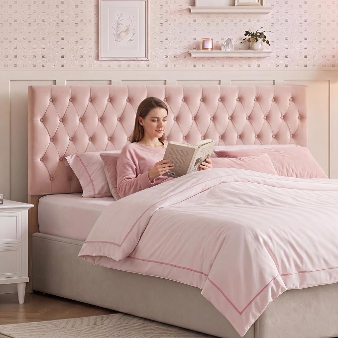 Upholstered Queen Headboard Only, Premium Velvet Button Tufted Headboards, Adjustable Solid Wood Head Board, Padded Headboard with Solid Wood Legs in Bedroom (Pink)