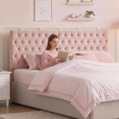 Upholstered Queen Headboard Only, Premium Velvet Button Tufted Headboards, Adjustable Solid Wood Head Board, Padded Headboard with Solid Wood Legs in Bedroom (Pink)