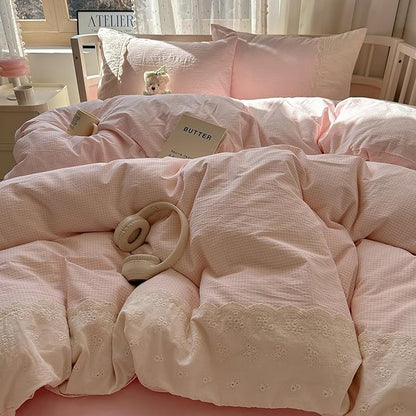 HighBuy King Comforter Set Pink Grid Gingham Comforter Set,3 Piece Modern Style Grid Plaid Comforter Set with Lace Ruffle Fluffy Soft Lightweight Plaid Gingham Bedding Set Fluffy Checkered
