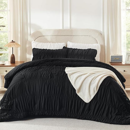 Andency Ruched Black King Size Comforter Set, Shabby Chic Pleated Bedding Sets 3 Pieces, Lightweight Soft Boho Ruffle Bed Set for Girls, Kids, Women, All Season