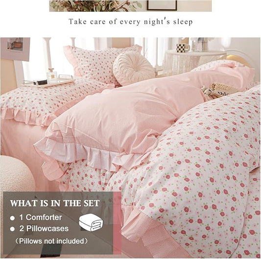VM VOUGEMARKET 3 Pieces Ruffled Comforter Set with Pink Flower Pattern,1 Pink Striped Lace Comforter with 2 Pillow Shams for Teen Girls-68 x90,Twin XL