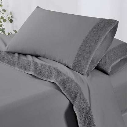 Modern Threads 4 Piece Microfiber Sheet Set – Soft Cooling Bed Sheets with Crochet Lace – Deep Pocket, Wrinkle Free, Breathable, Hotel Luxury Bedding, Charcoal Gray, King