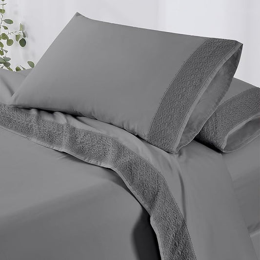 Modern Threads 4 Piece Microfiber Sheet Set – Soft Cooling Bed Sheets with Crochet Lace – Deep Pocket, Wrinkle Free, Breathable, Hotel Luxury Bedding, Charcoal Gray, King