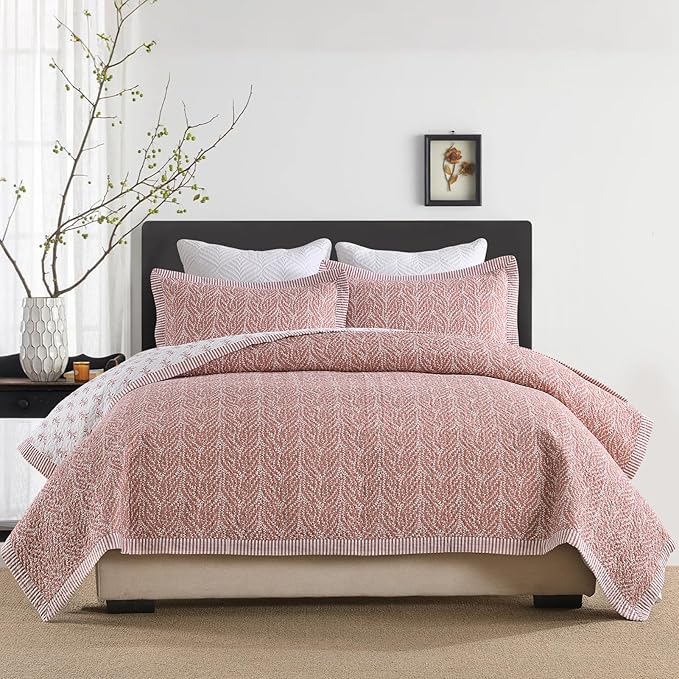 SahSahCasa Quilt Set Queen Size, 100% Cotton Quilt Bedding Set Bedspread, Botanical Pattern Solid Color Chic Lightweight Quilted Comforter for Queen Bed, White/Old Rose, All Season, 3 Pieces