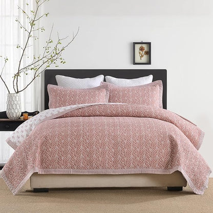 SahSahCasa Quilt Set Queen Size, 100% Cotton Quilt Bedding Set Bedspread, Botanical Pattern Solid Color Chic Lightweight Quilted Comforter for Queen Bed, White/Old Rose, All Season, 3 Pieces
