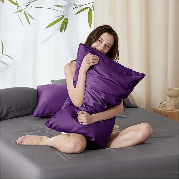 Bedsure Pillow Cases Queen, Cooling Pillow Cases, Rayon Derived from Bamboo Purple Pillowcases Queen Size Set of 2, PureWoven Silky Soft Bedding Pillow Covers with Envelope Closure, 20x30 Inches