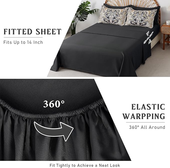 Drucon Boho Paisley Comforter Set King Size, 7 Pieces Bed in a Bag Black Gold Comforter Set, Soft Lightweight Bedding Set (1 Comforter, 1 Flat Sheet, 1 Fitted Sheet, 2 Pillow Shams, 2 Pillowcases)