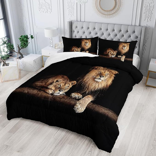 Lion and Lioness Comforter Set King Size,Lion Bedding Set King,King Animal Print Black Comforter Set,Tropical African Animal 3D Print Bedding Black Bed Set