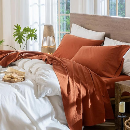 MooMee Bedding Sheet Set 100% Washed Cotton Linen Like Textured Breathable Durable Soft Comfy (Solid Rust Brown, Queen)
