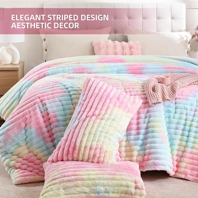 Smoofy Fluffy King Size Comforter Set 3 Pieces - Rainbow Fleece Fluffy Comforter Set, Luxury Fuzzy King Bedding Set, Soft King Bed Set All Season, Heavy Faux Fur Comforter with 2 Pillow Cases