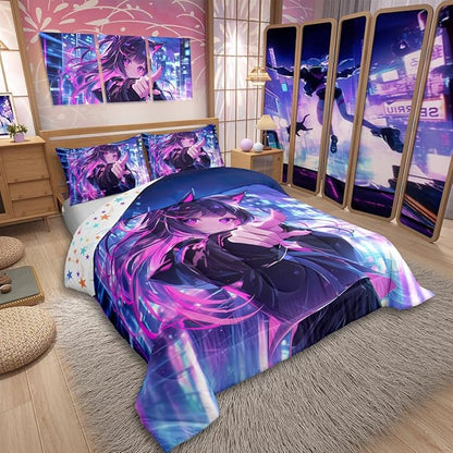 Erosebridal Kids Anime Girl King Size Comforter Set, Japanese Anime Bedding Set, Cartoon Girl Quilt for Boys Teens Bedroom Decor, Kawaii Japanese Animation Duvet Insert with 2 Pillow Cases