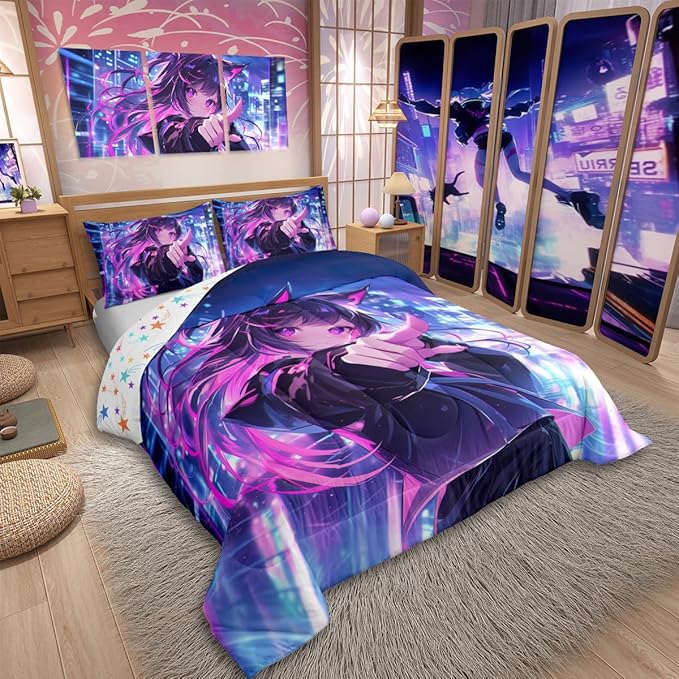 Erosebridal Kids Anime Girl Queen Size Comforter Set, Japanese Anime Bedding Set, Cartoon Girl Quilt for Boys Teens Bedroom Decor, Kawaii Japanese Animation Duvet Insert with 2 Pillow Cases