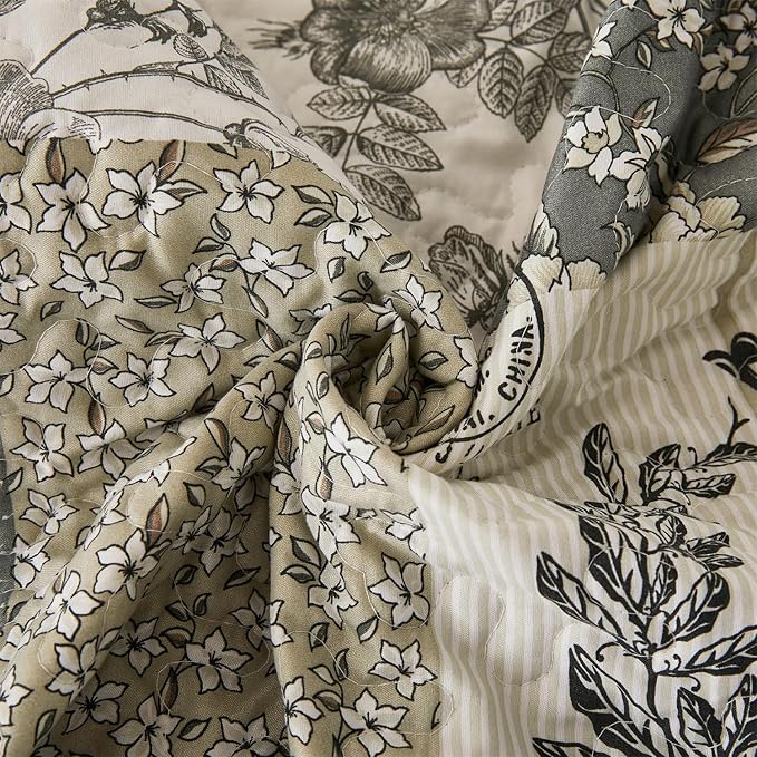Cmfshape Floral Quilt Queen,3-Pcs Bird Pattern Queen Set,Lightweight Bedspread for Size Bed,Grey Plaid Farmhouse Reversible Bed All Season,Country Quilted Blanket(Grey&White Queen90”x90”)