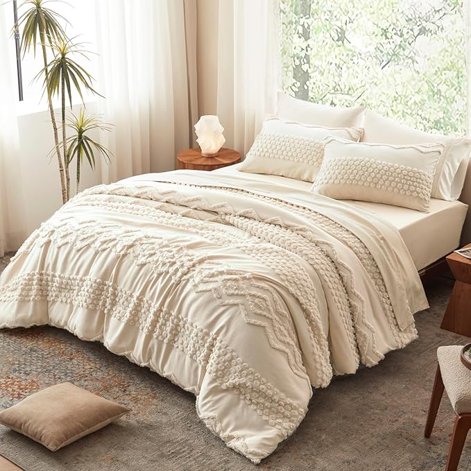 Luxudecor Beige Tufted Comforter Set Queen Size 3 Pieces Boho Shabby Chic Comforter Farmhouse Embroidery Bedding Set Soft Comforter for All Seasons (Beige, 90''x90'')