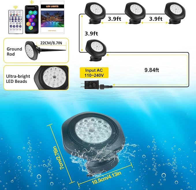 T-SUN Pond Lights LED Underwater 16M Colors with App and Remote 4 Pack | IP68 Waterproof,Dimmable,Timer,Color Changing Fountain Lights led Underwater Pond Lights for Outdoor Pond Koi Aquarium Garden