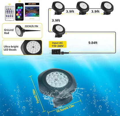 T-SUN Pond Lights LED Underwater 16M Colors with App and Remote 4 Pack | IP68 Waterproof,Dimmable,Timer,Color Changing Fountain Lights led Underwater Pond Lights for Outdoor Pond Koi Aquarium Garden