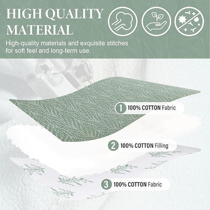 SahSahCasa Quilt Set King Size, 100% Cotton Quilt Bedding Set Bedspread, Botanical Pattern Solid Color Chic Lightweight Quilted Comforter for King Bed, White/Green, All Season, 3 Pieces