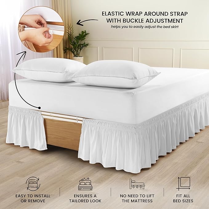 Wrap Around Ruffle Queen Size Bed Skirt – Adjustable Buckle & Elastic Belt for Easy Installation, 16 Inch Drop – Brushed Microfiber - Machine Washable, Fade and Wrinkle Resistant, White