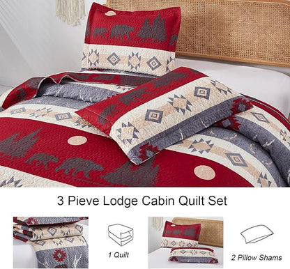 Ycosy Lodge Bear Quilt Set King Size Cabin Rustic Bedspread Coverlets Reversible Quilts Lightweight Lodge Bedding Set Bear Sunset Printed Bed Covers,1 Quilt + 2 Pillow Shams