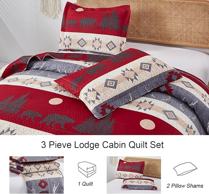 Ycosy Lodge Bear Quilt Set Full/Queen Size Cabin Rustic Bedspread Coverlets Reversible Quilts Lightweight Lodge Bedding Set Bear Sunset Printed Bed Covers,1 Quilt + 2 Pillow Shams