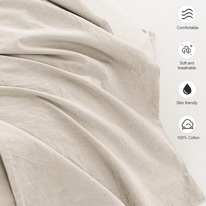 MooMee Bedding Pillowcases Pack of 2 100% Washed Cotton Linen Like Textured Breathable Durable Soft Comfy (Heathered Cream Grey, King)